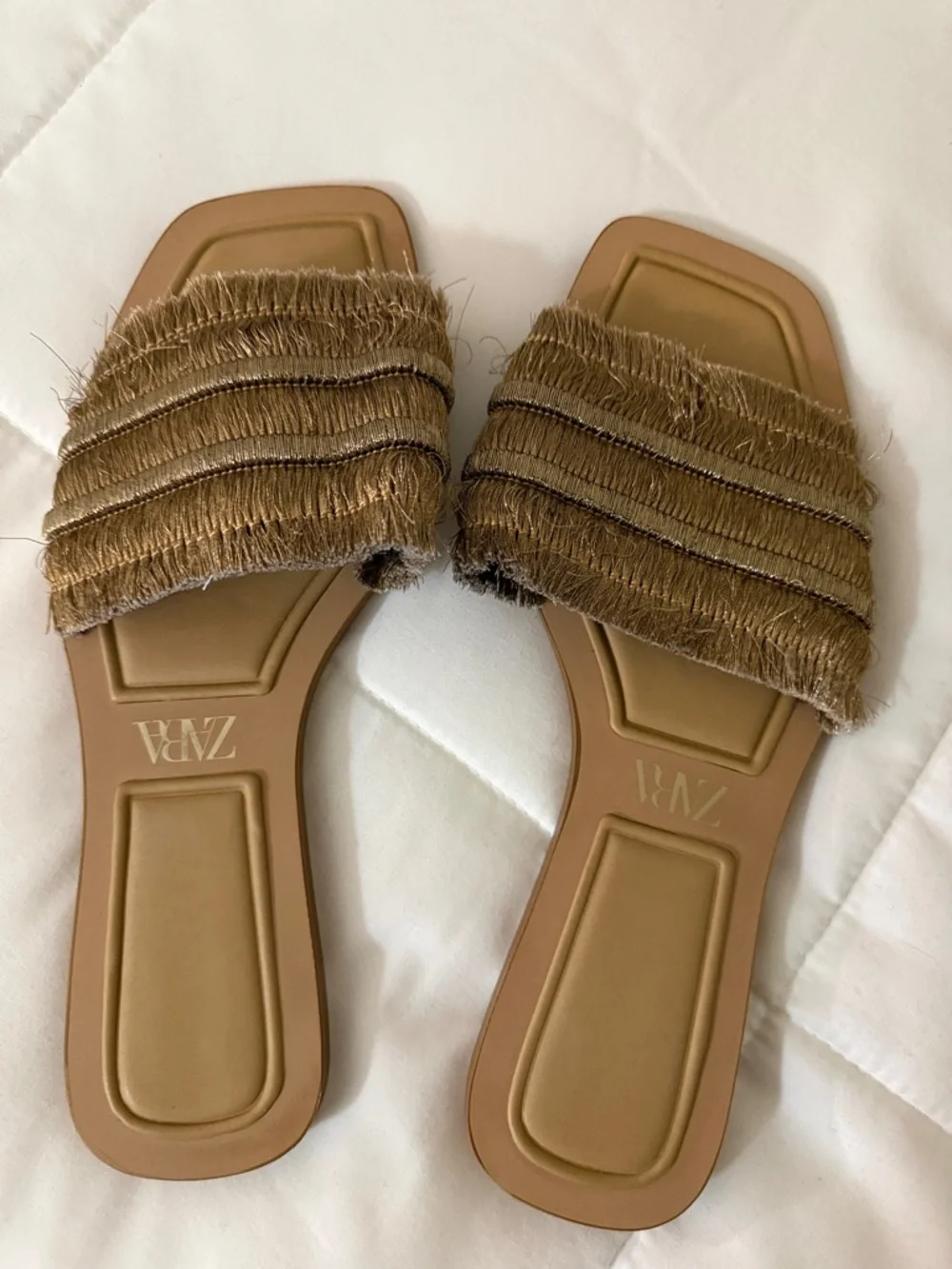 Zara Tan Fringe Slide Sandals - Picture 1 of 2